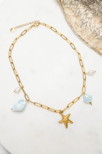 Halskette Marina Blue aus Naturperlen, keramischen Muscheln und Edelstahl