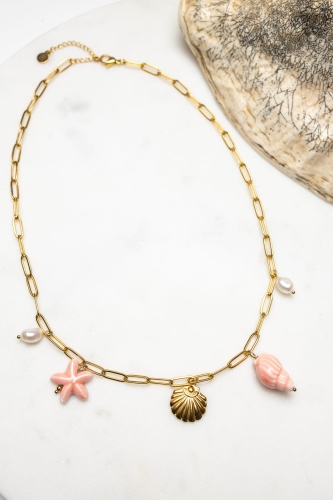 Halskette Marina Pink aus Naturperlen, keramischen Muscheln und Edelstahl