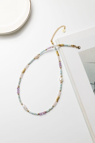 Unikat 47 – Halskette „Herz des Ozeans“ – Larimar, Amethyst, Rosenquarz, Süßwasserperle