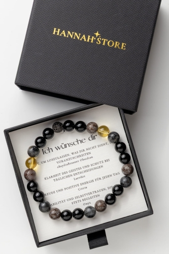 Herrenarmband „Ich wünsche dir“ – Obsidian, Larvikit, Citrin, Onyx