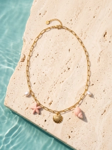 Halskette Marina Pink aus Naturperlen, keramischen Muscheln und Edelstahl