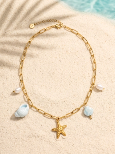 Halskette Marina Blue aus Naturperlen, keramischen Muscheln und Edelstahl