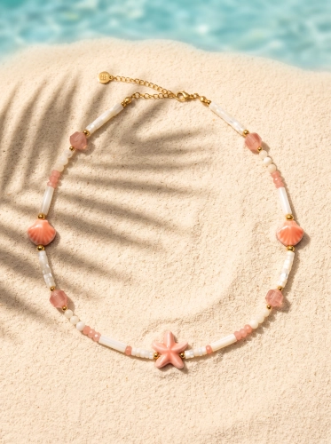 Halskette NERINA Pink aus Perlmutt, Jadeiten und Keramikmuscheln