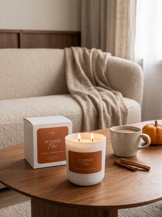 Pumpkin-Chai-Sojakerze mit zwei Dochten neben ihrer Verpackung auf einem Tisch
